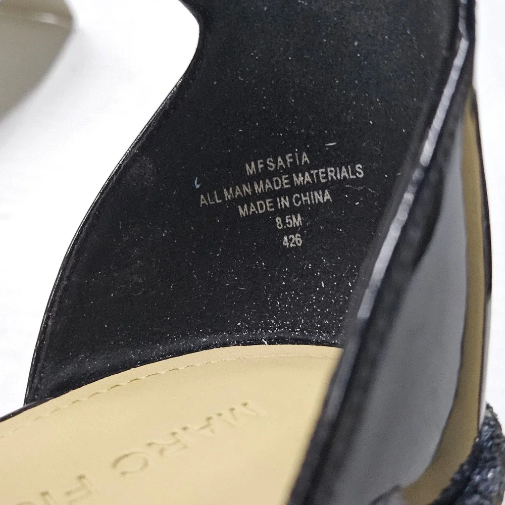 Marc Fisher Safia Black Patent Glitter Block Heel Sandals 8.5M‎ QMSAFIA NEW